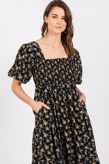 Black Floral Smocked Square Neck Short Puff Sleeve Midi Dress