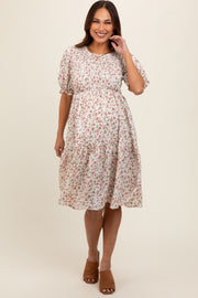 Cream Floral Smocked Maternity Midi Dress