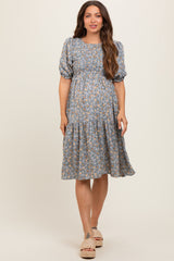 Blue Floral Smocked Maternity Midi Dress