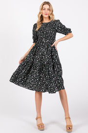 Black Floral Smocked Midi Dress