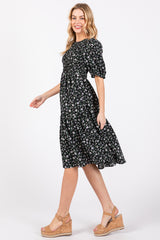 Black Floral Smocked Midi Dress