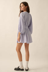 Violet Blue Crinkle Cotton V-Neck Dolman-Sleeve Mini Dress