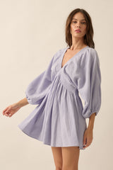 Violet Blue Crinkle Cotton V-Neck Dolman-Sleeve Mini Dress