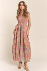 Multi-Color Plaid Sleeveless Ruffle Maxi Dress