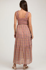 Multi-Color Plaid Sleeveless Ruffle Maternity Maxi Dress