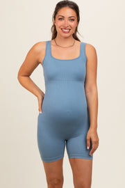 Blue Ribbed Essential Body Sculpt Maternity Romper