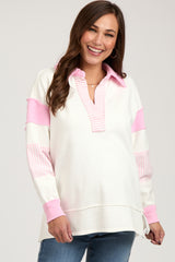 Pink Colorblock Stripe Collared Maternity Sweater