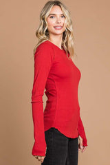 Red Ribbed Long Sleeve Top