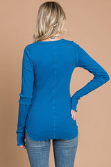 Blue Ribbed Long Sleeve Top