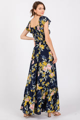 Navy Floral Smocked Cinched Top Maxi Dress