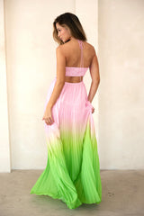 Light Pink Ombre Pleated Halter Cutout Maxi Dress