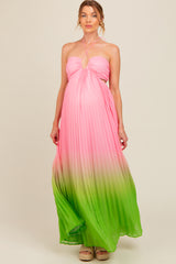 Light Pink Ombre Pleated Halter Cutout Maternity Maxi Dress