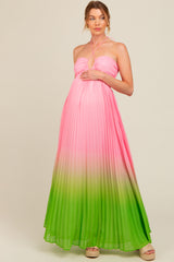 Light Pink Ombre Pleated Halter Cutout Maternity Maxi Dress