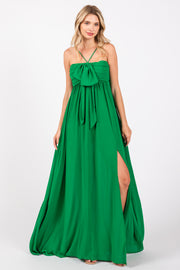 Green Pleated Front Tie Side Slit Maxi Dress