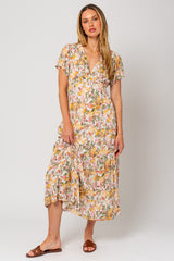 White Floral V-Neck Ruffle Maxi Dress