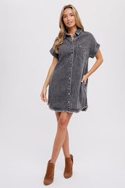 Black Acid Wash Denim Button Up Dress