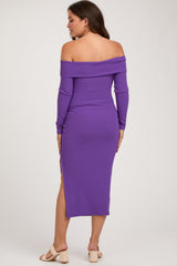 Purple Ribbed Off Shoulder Side Slit Maternity Midi Dress