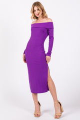 Purple Ribbed Off Shoulder Side Slit Midi Dress