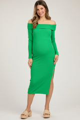 Green Ribbed Off Shoulder Side Slit Maternity Midi Dress