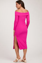 Fuchsia Ribbed Off Shoulder Side Slit Maternity Midi Dress