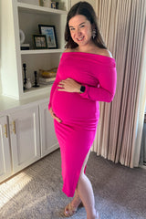 Fuchsia Ribbed Off Shoulder Side Slit Maternity Midi Dress