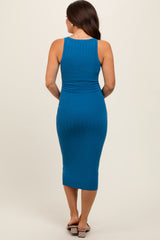 Blue Rib Knit Sleeveless Maternity Midi Dress