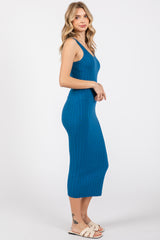 Blue Rib Knit Sleeveless Midi Dress