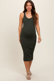 Olive Rib Knit Sleeveless Maternity Midi Dress