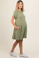 Olive Solid T-shirt Maternity Mini Dress