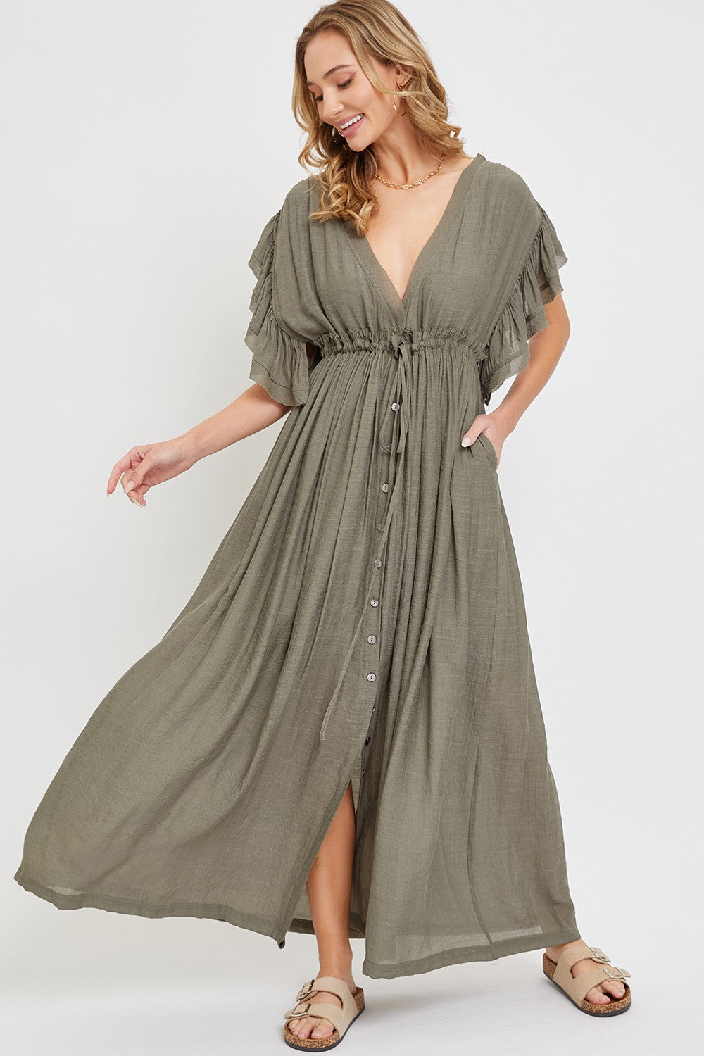 Olive Deep V-Neck Button Down Maxi Dress – PinkBlush