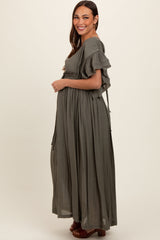 Olive Deep V-Neck Button Down Maternity Maxi Dress