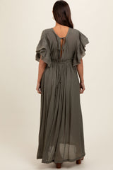 Olive Deep V-Neck Button Down Maternity Maxi Dress