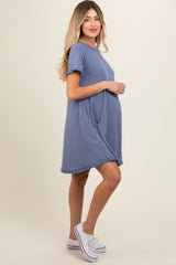 Blue Solid T-shirt Maternity Mini Dress