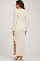 Cream Ribbed Side Slit Maternity Maxi Dress