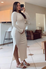 Cream Ribbed Side Slit Maternity Maxi Dress