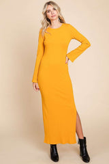 Yellow Ribbed Side Slit Maxi Dress