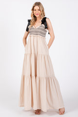 Beige Sweetheart Neck Smocked Embroidered Ribbon Shoulder Tie Maternity Midi Dress