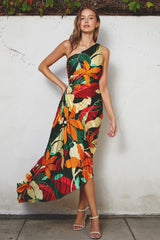 Multi-Color Floral Pleated Satin One Shoulder Asymmetrical Maternity Midi Dress