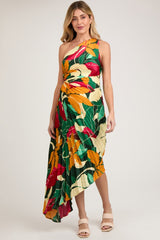 Multi-Color Floral Pleated Satin One Shoulder Asymmetrical Maternity Midi Dress