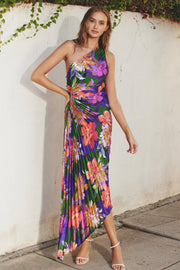 Multi Color Floral One Shoulder Midi Dress