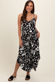 Black Tropical Floral V-Neck Back Cutout Round Hem Maternity Jumpsuit