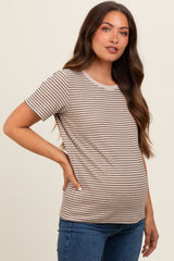 Beige Striped Short Sleeve Maternity Top