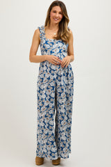 Blue Floral Sleeveless Tie Back Maternity Jumpsuit