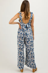 Blue Floral Sleeveless Tie Back Maternity Jumpsuit