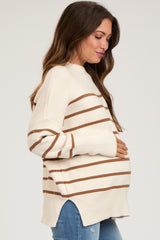 Beige Striped Drop Shoulder Maternity Sweater