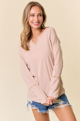 Beige V-Neck Long Sleeve Shirt