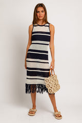 Navy Striped Crochet Fringe Coverup Dress