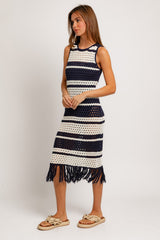 Navy Striped Crochet Fringe Coverup Dress