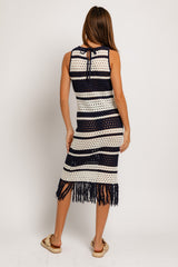 Navy Striped Crochet Fringe Coverup Dress