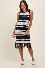 Navy Striped Crochet Fringe Coverup Maternity Dress